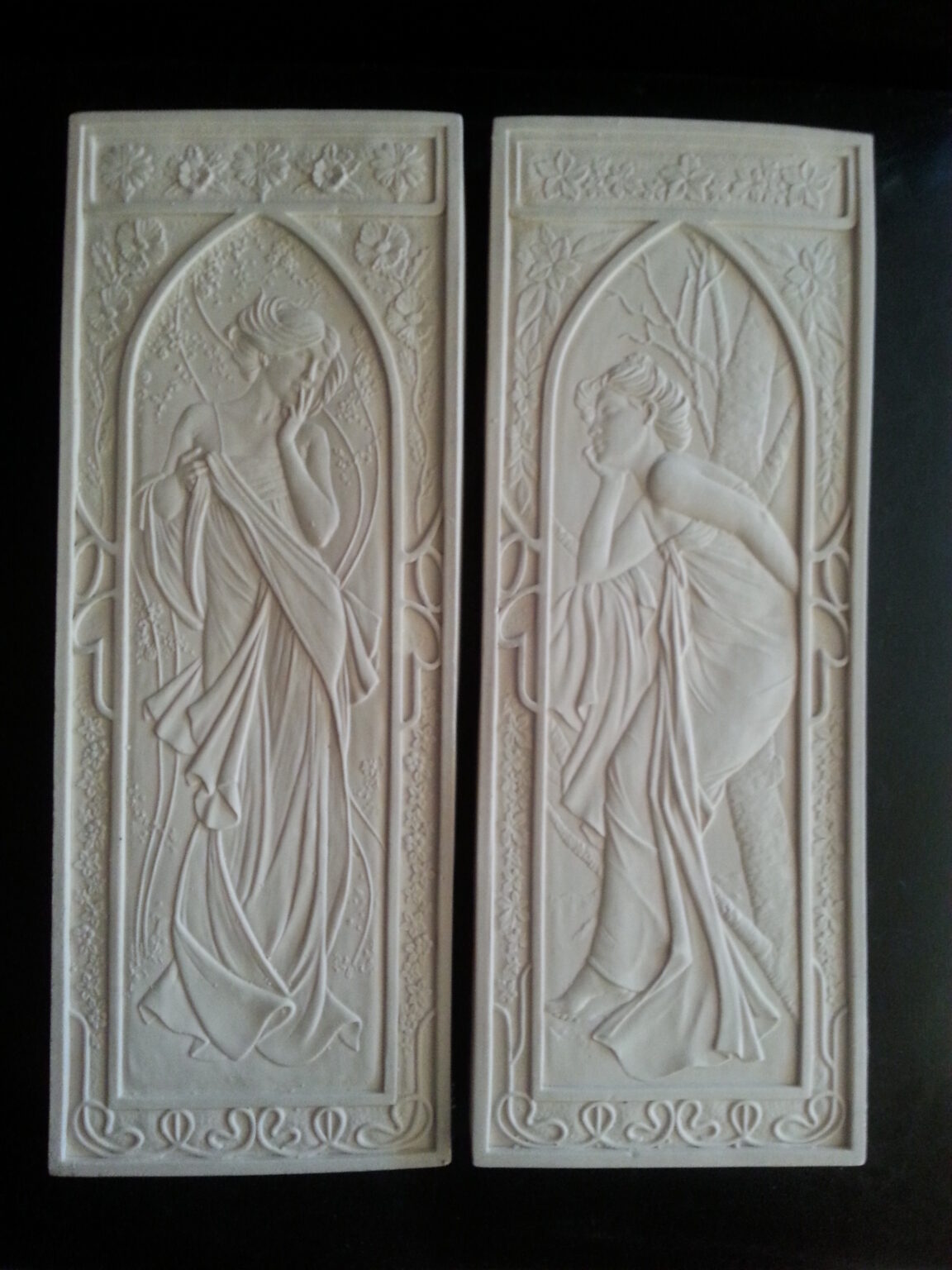 2 Art Deco Mucha Art Nouveau lady plaster wall decor hanging plaques