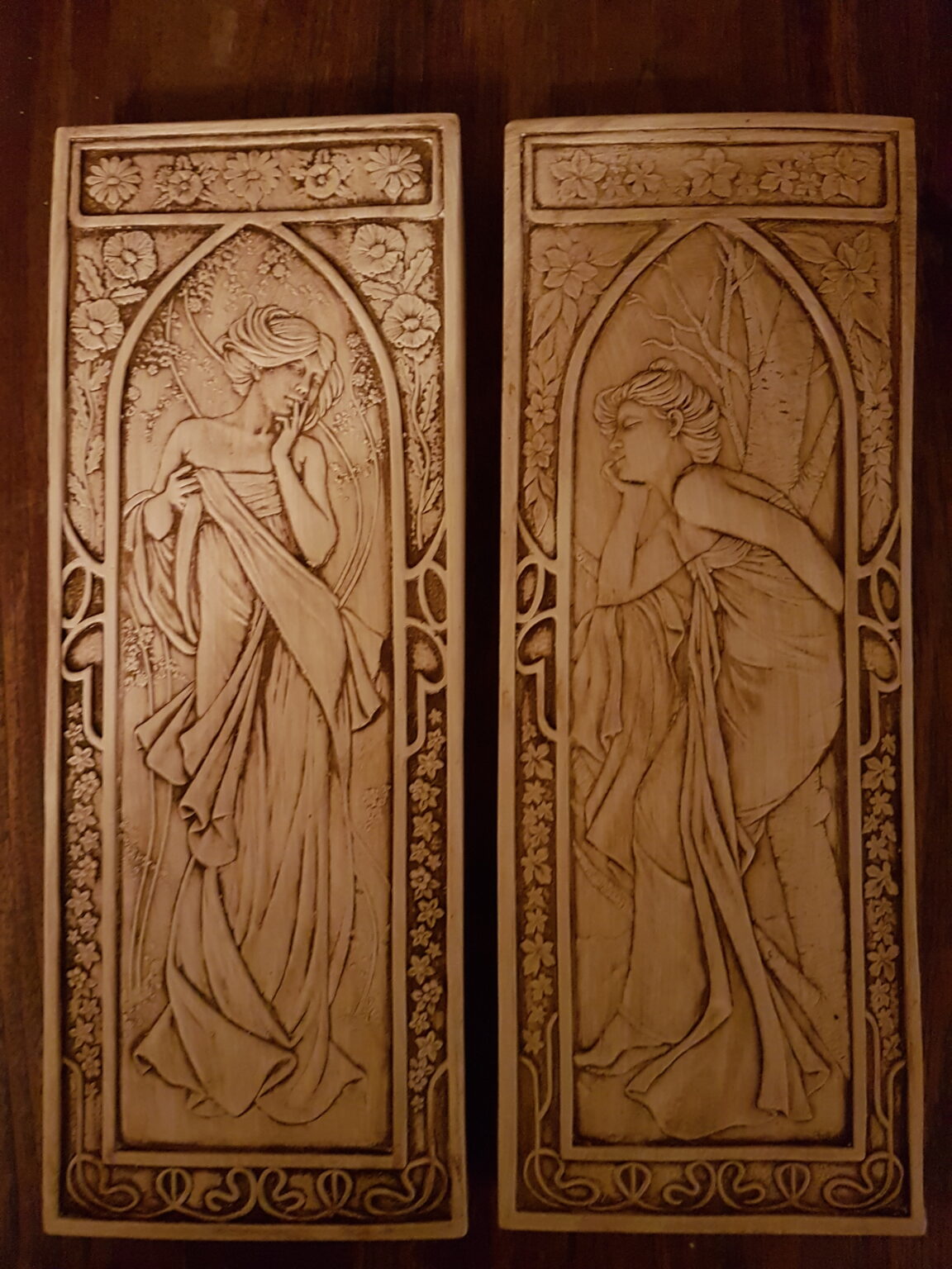 2 Art Deco Mucha Art Nouveau lady plaster wall decor hanging plaques mouldings Plaster Craft